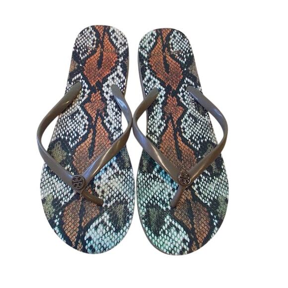 Tory Burch Snake Print Flip Flops Tan Gold Logo Women’s Size 9.5 - Picture 1 of 2